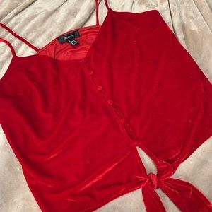 Forever 21+ Red Velvet Button-Up, Tied Crop Top